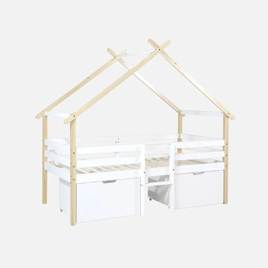 Cama Cabana Infantil 90x190 Madeira Maciça Pinho Estrado de Ripas Arrumação 2 Gavetas Sienna