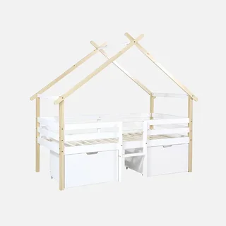 Cama Cabana Infantil 90x190 Madeira Maciça Pinho Estrado de Ripas Arrumação 2 Gavetas Sienna