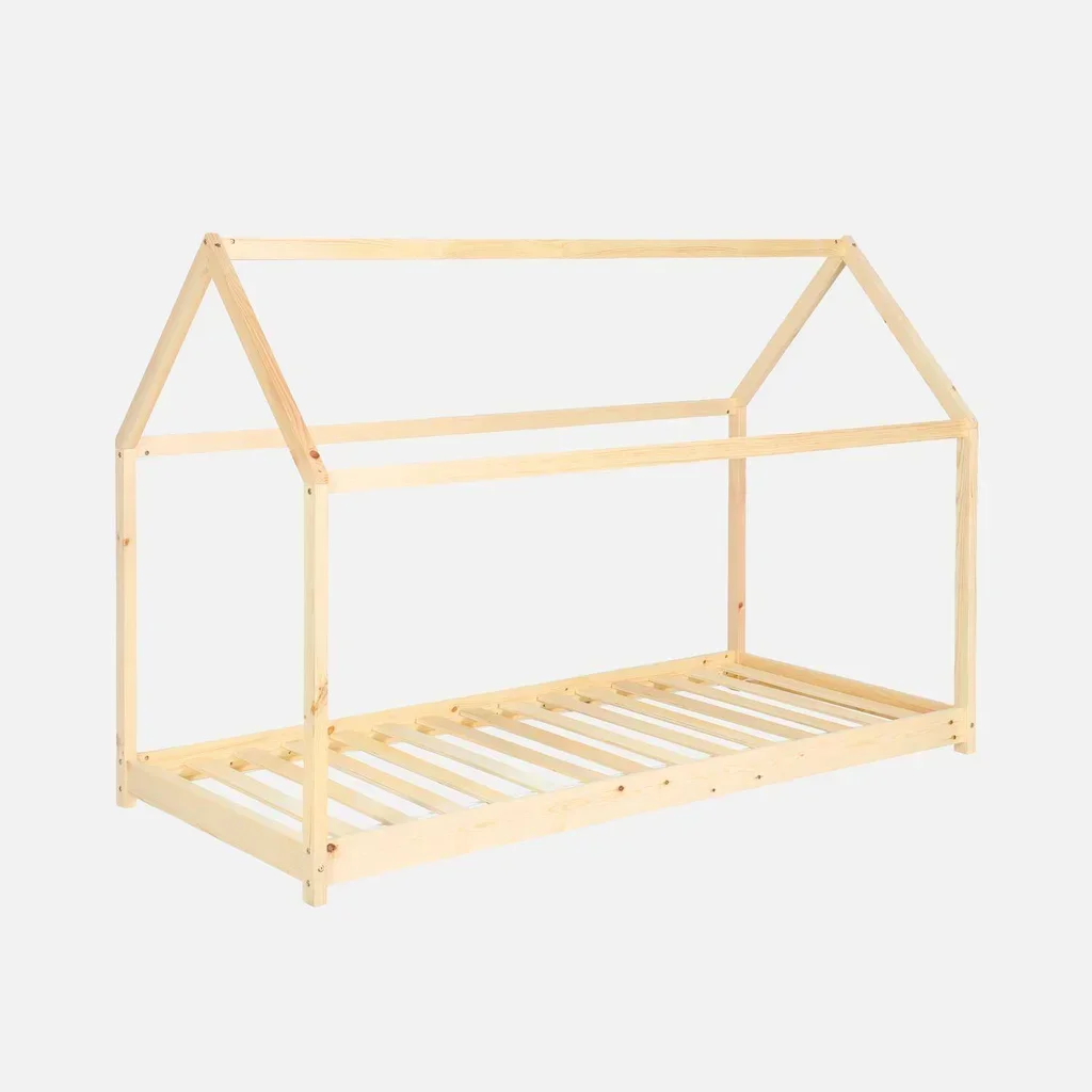 Lit cabane enfant 90x190 pin massif naturel avec sommier