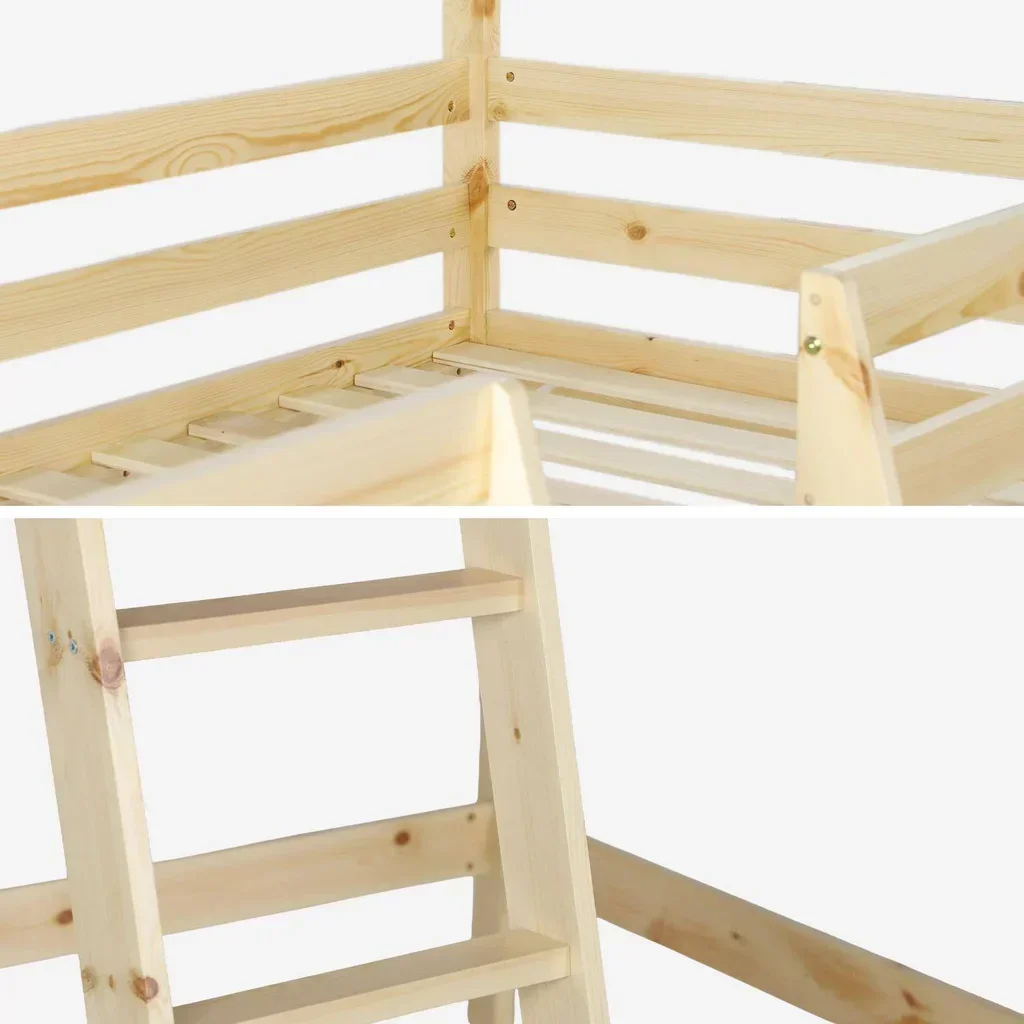 Lit cabane mezzanine enfant 90x190 cm bois pin naturel Roya
