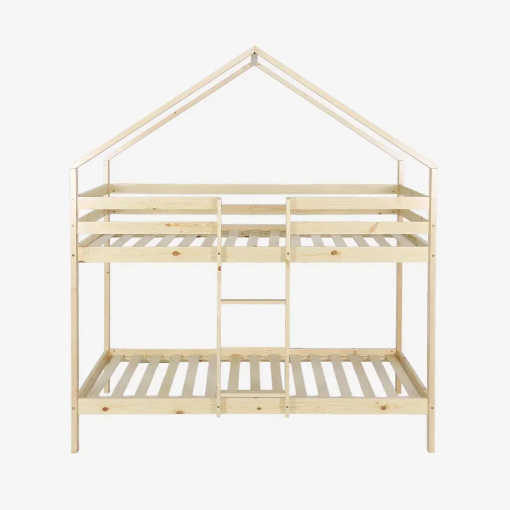 90x190 Kids Scandinavian Bunk Bed Cabin Natural Pine Wood