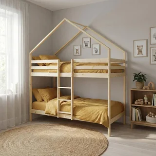 90x190 Kids Scandinavian Bunk Bed Cabin Natural Pine Wood
