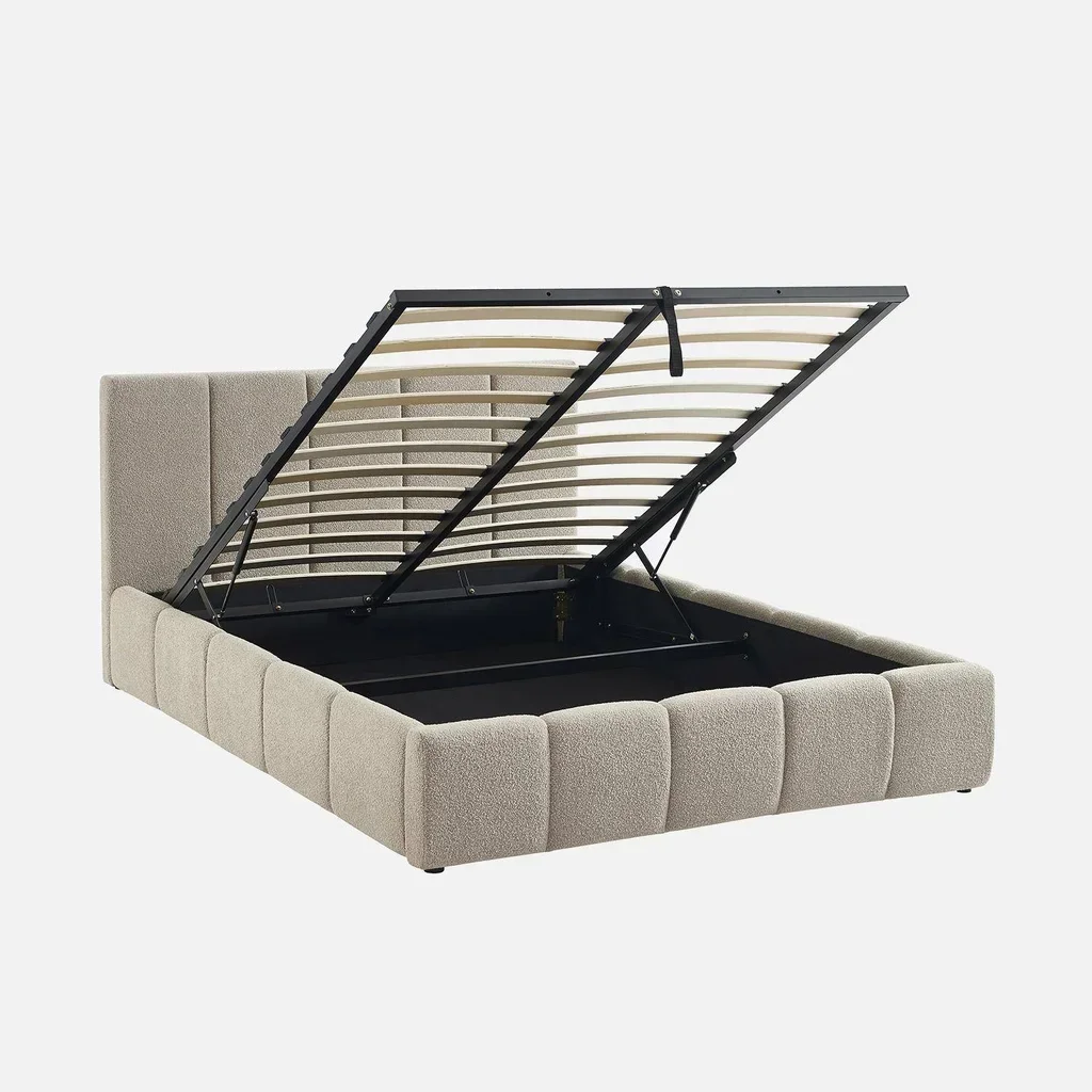 Lit coffre 140x190 cm bouclette texturée avec rangement et tête de lit capitonnée