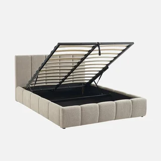 Lit coffre 140x190 cm bouclette texturée avec rangement et tête de lit capitonnée