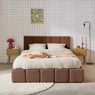 Lit coffre 140x190 cm sommier à lattes tête de lit capitonnée bouclette texturée rangement