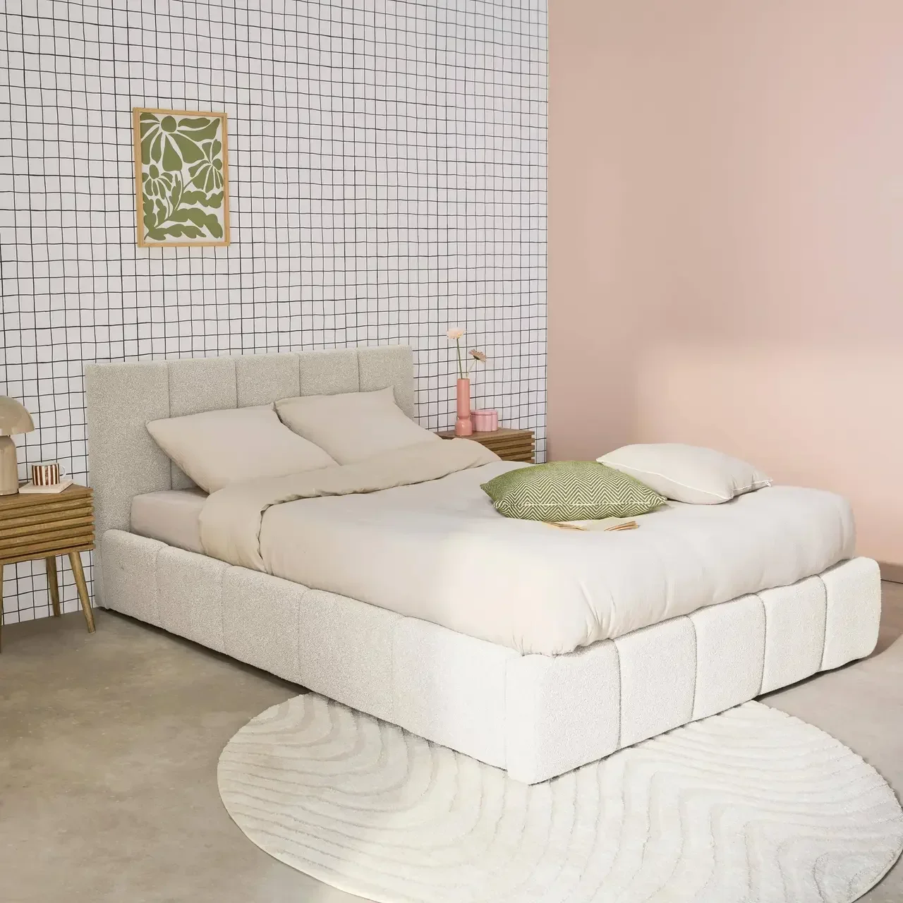 Lit coffre 140x190 Lex avec rangement et tête de lit bouclette texturée
