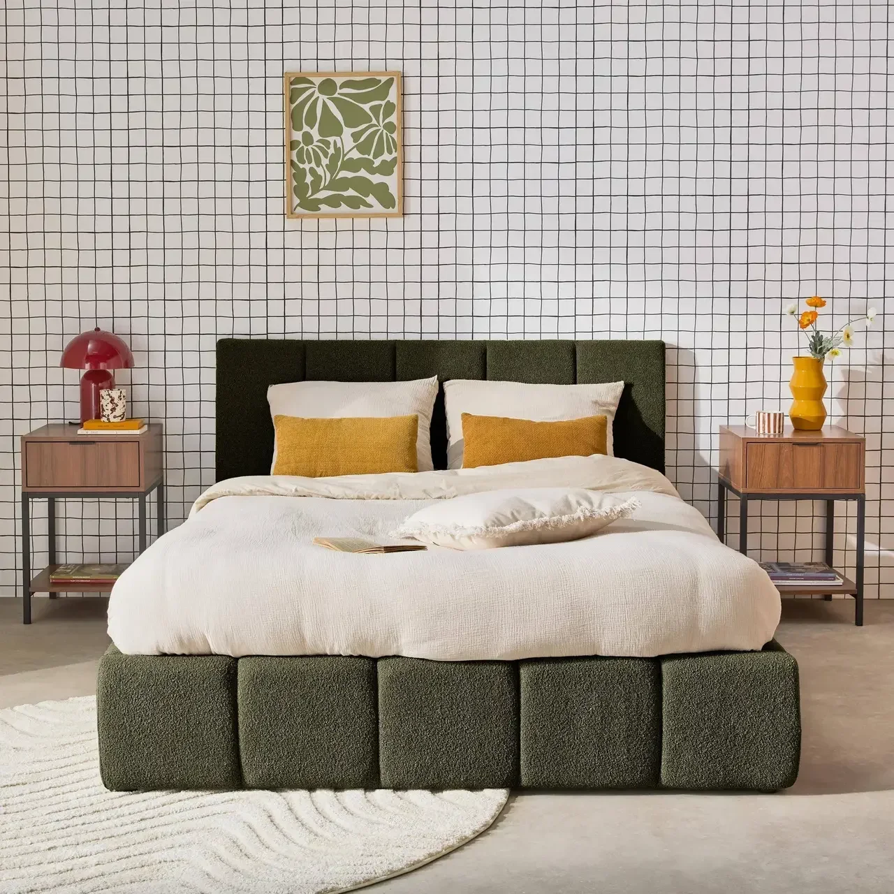 Lit coffre 140x190 cm avec sommier à lattes et tête de lit bouclette texturée