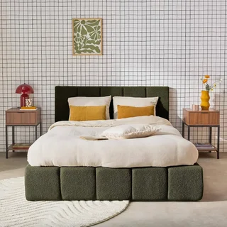 Lit coffre 140x190 cm avec sommier à lattes et tête de lit bouclette texturée