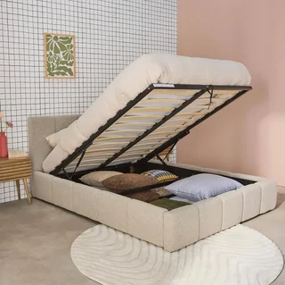 Lit coffre 140x190 cm bouclette texturée avec rangement et tête de lit capitonnée