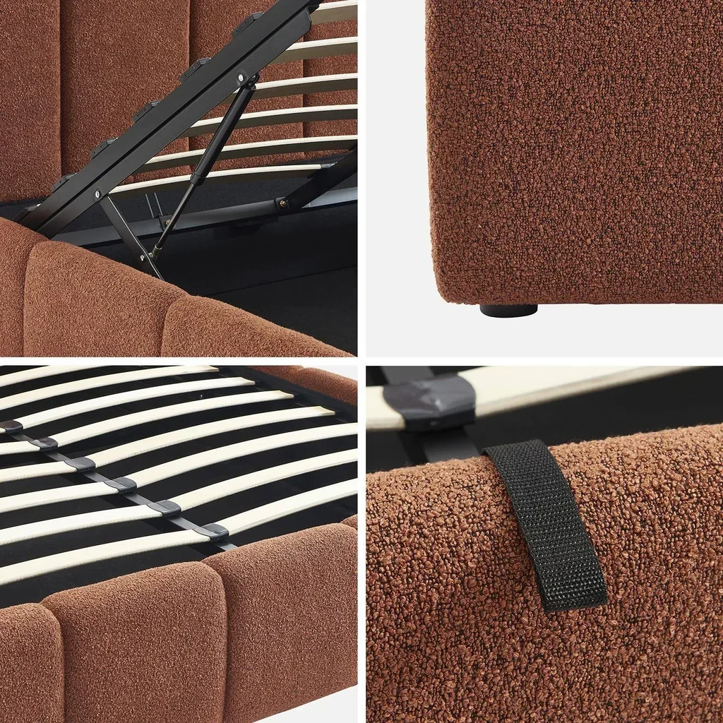 Lit coffre 140x190 cm sommier à lattes tête de lit capitonnée bouclette texturée rangement