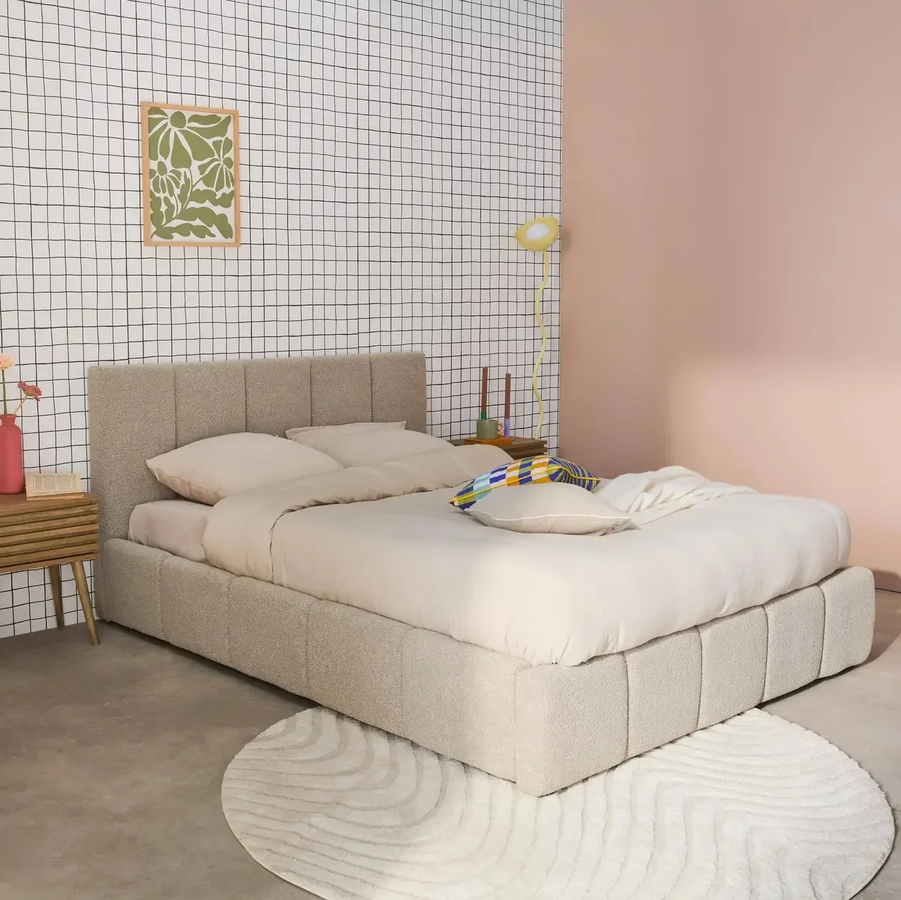 Lit coffre 140x190 cm bouclette texturée avec rangement et tête de lit capitonnée