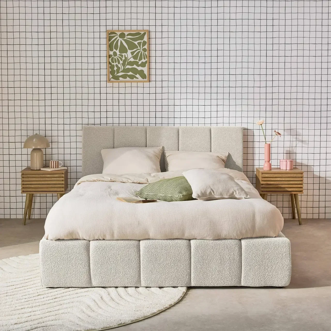 Lit coffre 140x190 Lex avec rangement et tête de lit bouclette texturée