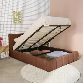 Lit coffre 140x190 cm sommier à lattes tête de lit capitonnée bouclette texturée rangement