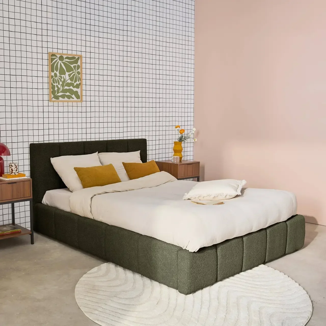 Lit coffre 140x190 cm avec sommier à lattes et tête de lit bouclette texturée