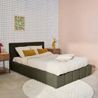 Lit coffre 140x190 cm avec sommier à lattes et tête de lit bouclette texturée