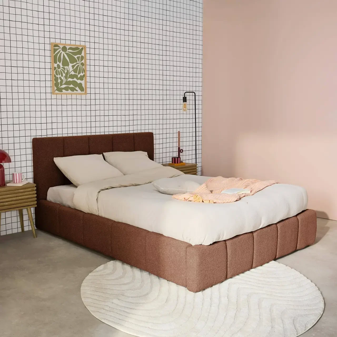 Lit coffre 140x190 cm sommier à lattes tête de lit capitonnée bouclette texturée rangement
