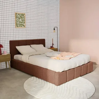 Lit coffre 140x190 cm sommier à lattes tête de lit capitonnée bouclette texturée rangement