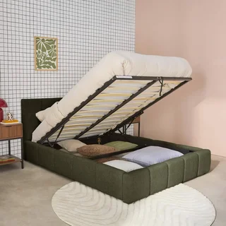 Lit coffre 140x190 cm avec sommier à lattes et tête de lit bouclette texturée
