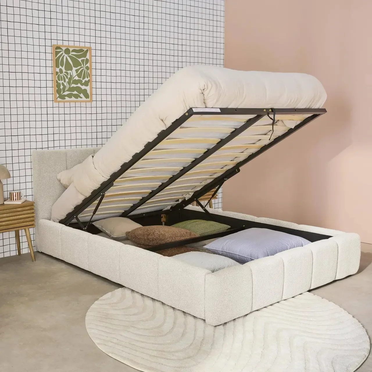 Lit coffre 140x190 Lex avec rangement et tête de lit bouclette texturée