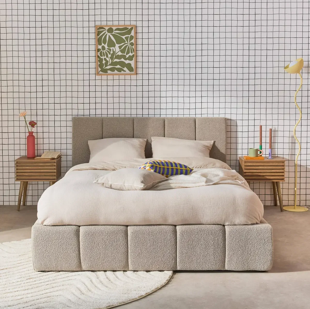 Lit coffre 140x190 cm bouclette texturée avec rangement et tête de lit capitonnée
