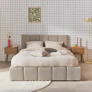 Lit coffre 140x190 cm bouclette texturée avec rangement et tête de lit capitonnée