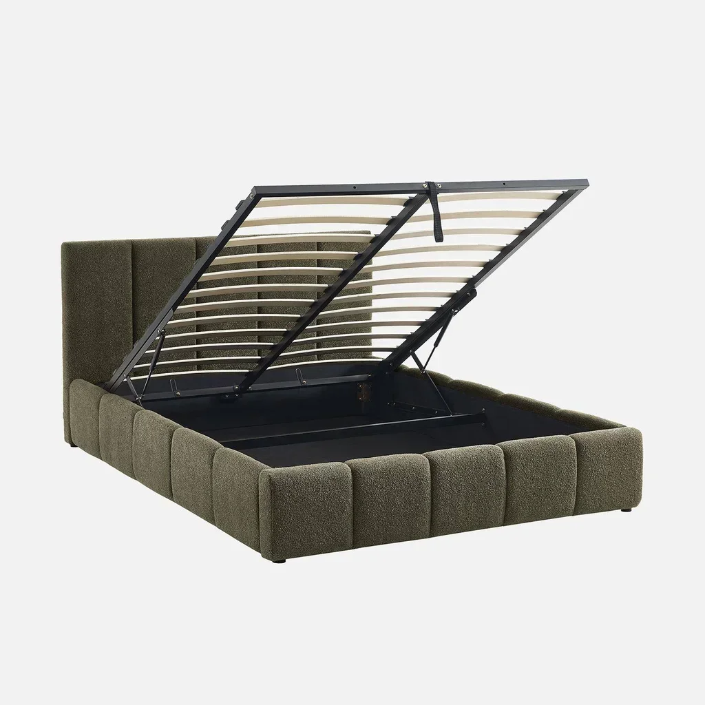 Lit coffre 140x190 cm avec sommier à lattes et tête de lit bouclette texturée