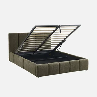 Lit coffre 140x190 cm avec sommier à lattes et tête de lit bouclette texturée