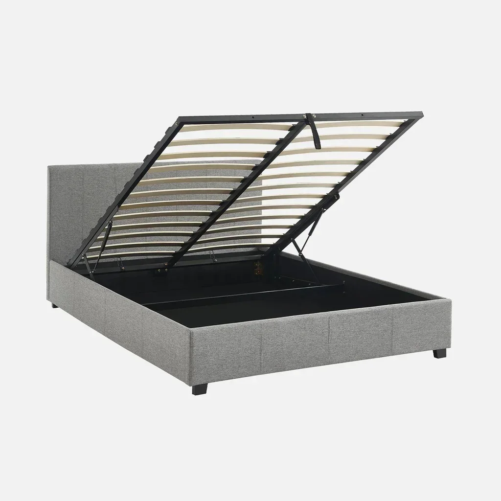 Lit coffre 140x190 cm tête de lit tissu beige avec rangement intégré