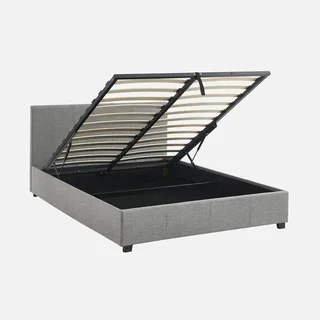 Lit coffre 140x190 cm tête de lit tissu beige avec rangement intégré