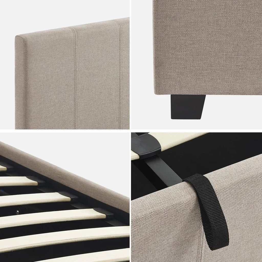 Lit coffre 140x190 cm beige avec sommier à lattes et tête de lit rembourrée