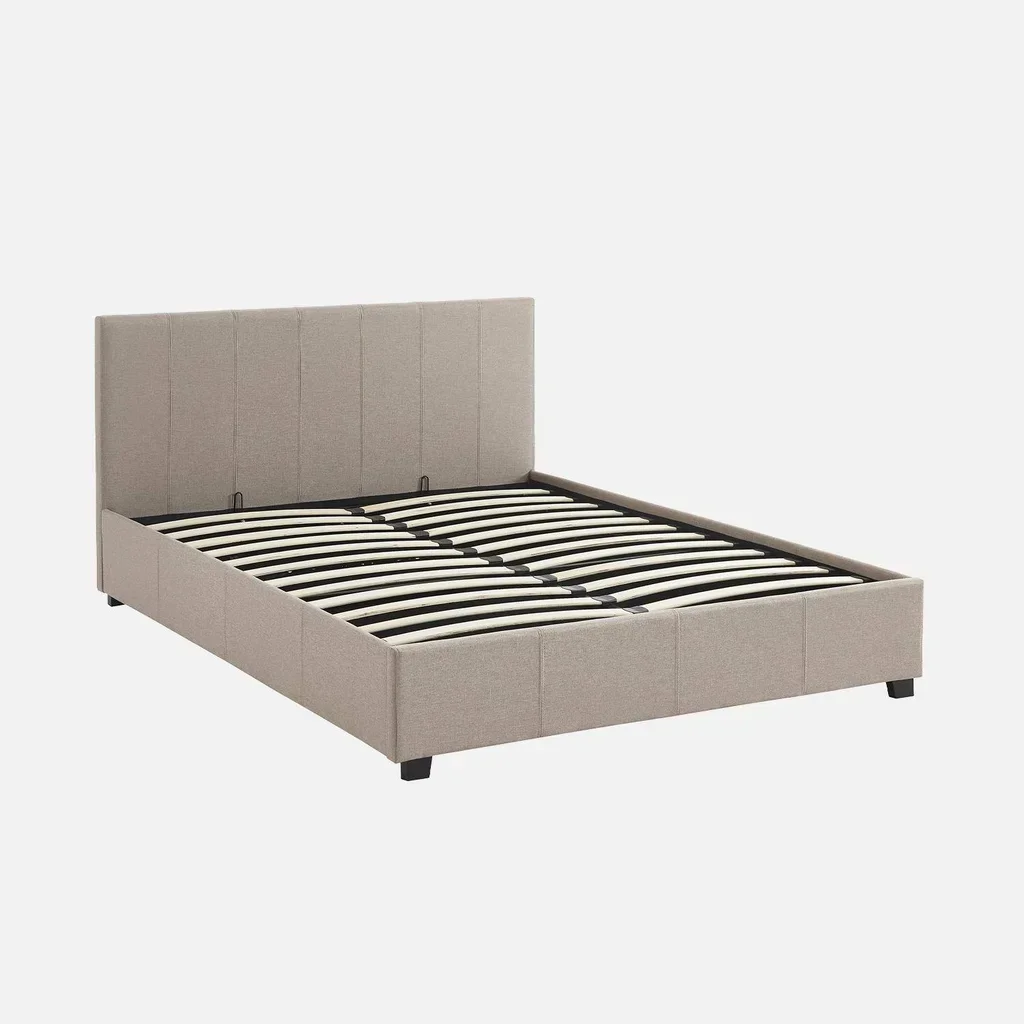 Lit coffre 140x190 cm beige avec sommier à lattes et tête de lit rembourrée