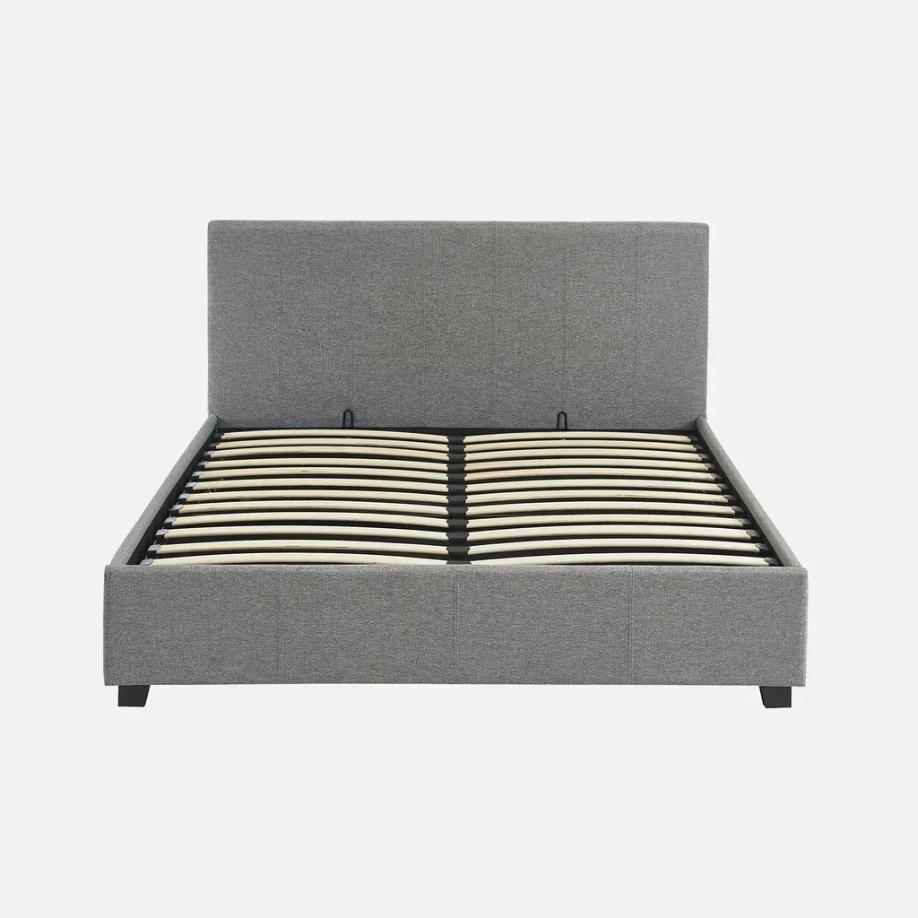 Lit coffre 140x190 cm tête de lit tissu beige avec rangement intégré