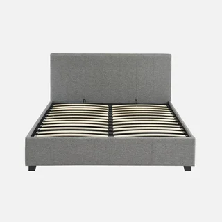 Lit coffre 140x190 cm tête de lit tissu beige avec rangement intégré