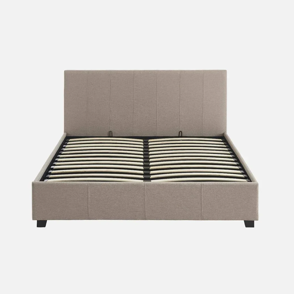 Lit coffre 140x190 cm beige avec sommier à lattes et tête de lit rembourrée