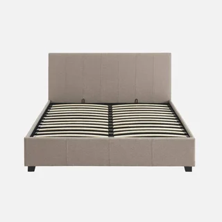 Lit coffre 140x190 cm beige avec sommier à lattes et tête de lit rembourrée