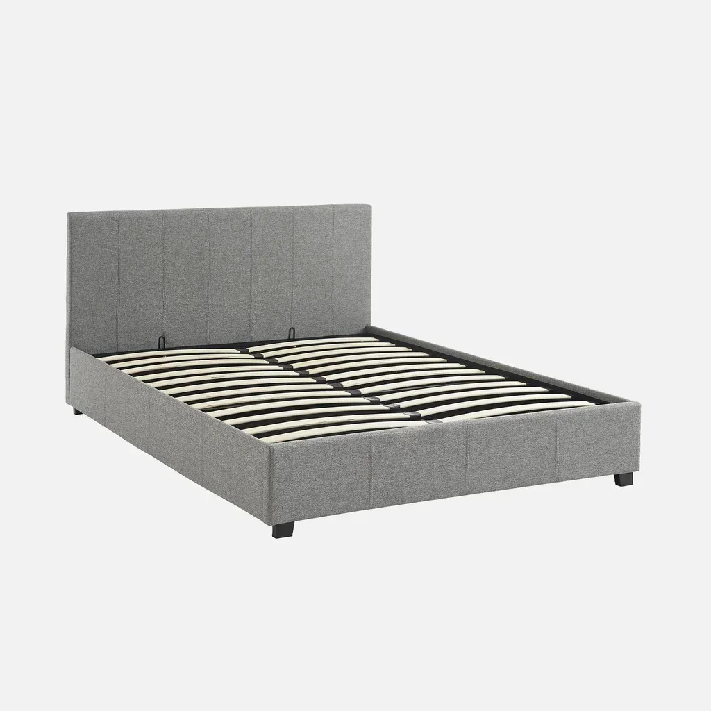 Lit coffre 140x190 cm tête de lit tissu beige avec rangement intégré