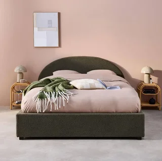 Lit coffre 160x200 cm avec sommier à lattes et tête de lit bouclette beige