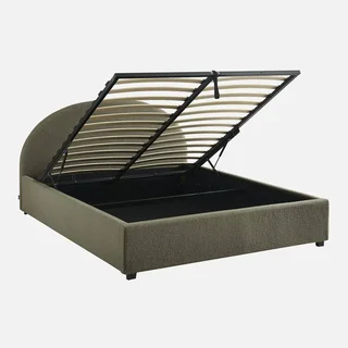 Lit coffre 160x200 cm avec sommier à lattes et tête de lit bouclette beige