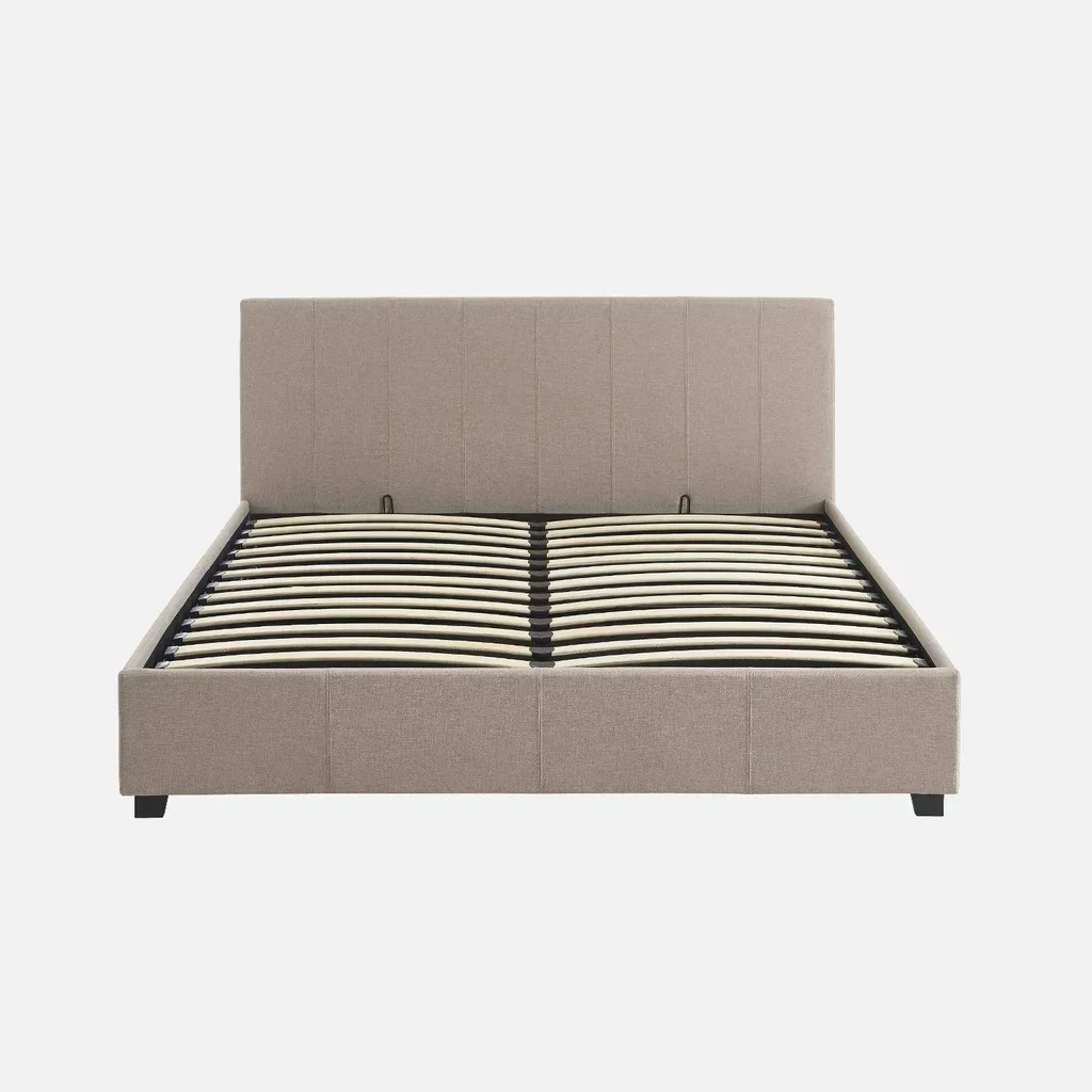 Cama baú estofada 160x200 cm com estrado de ripas e cabeceira capitoné em tecido Avalon