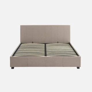 Cama baú estofada 160x200 cm com estrado de ripas e cabeceira capitoné em tecido Avalon