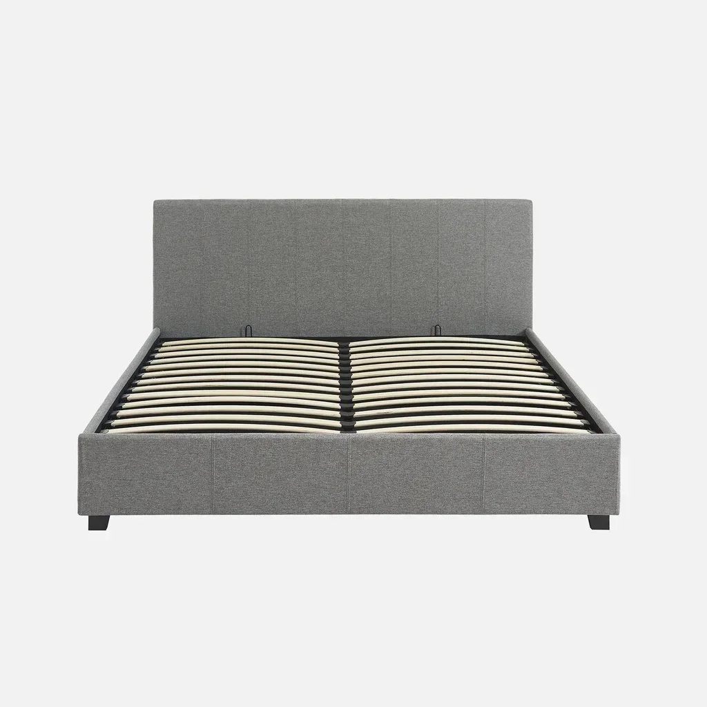Cama baú 160x200 cm com estrado de ripas e cabeceira estofada capitoné