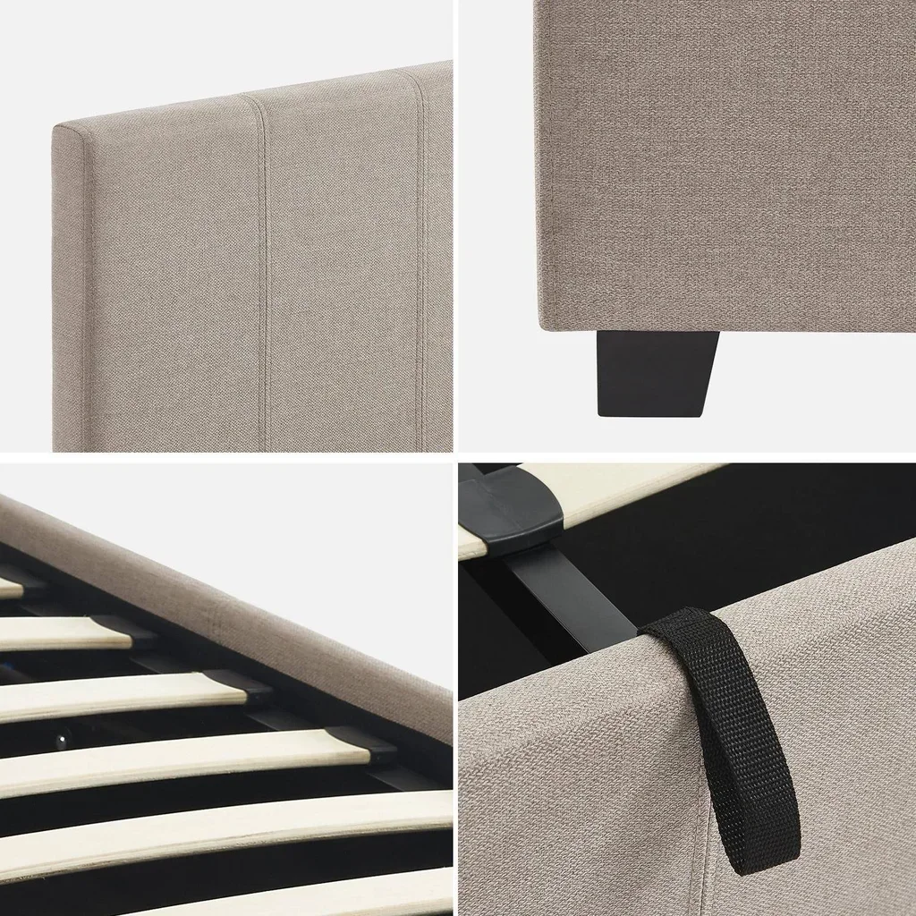 Cama baú estofada 160x200 cm com estrado de ripas e cabeceira capitoné em tecido Avalon