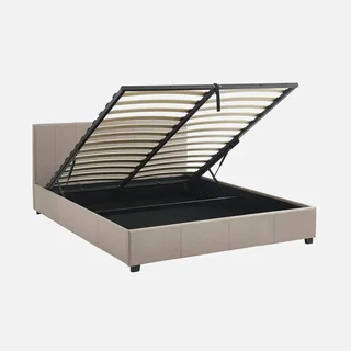 Cama baú estofada 160x200 cm com estrado de ripas e cabeceira capitoné em tecido Avalon