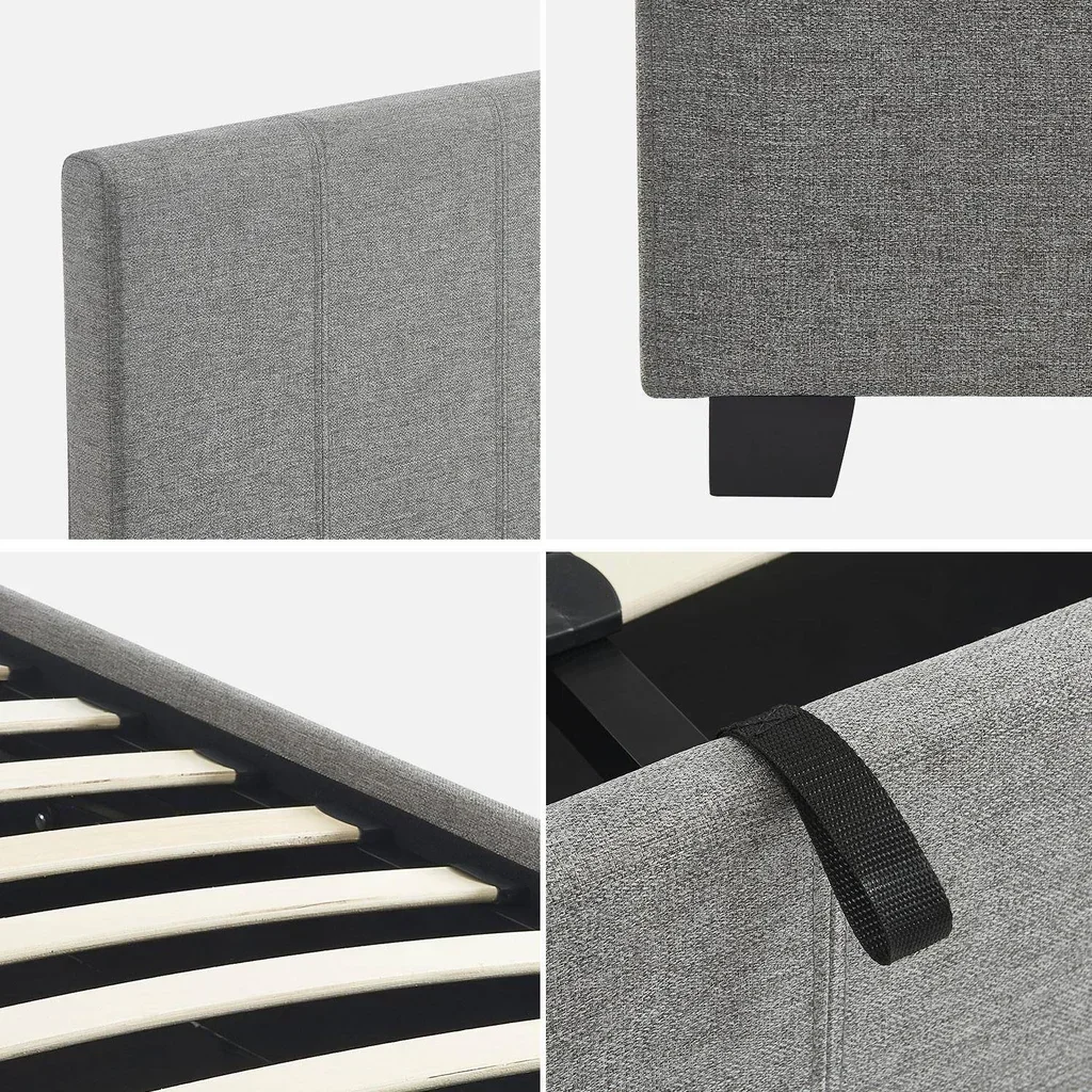 Cama baú 160x200 cm com estrado de ripas e cabeceira estofada capitoné