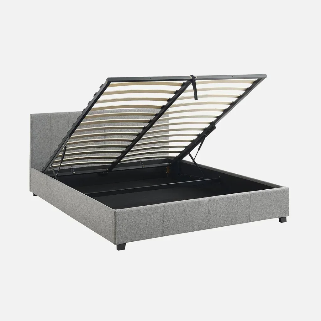 Cama baú 160x200 cm com estrado de ripas e cabeceira estofada capitoné