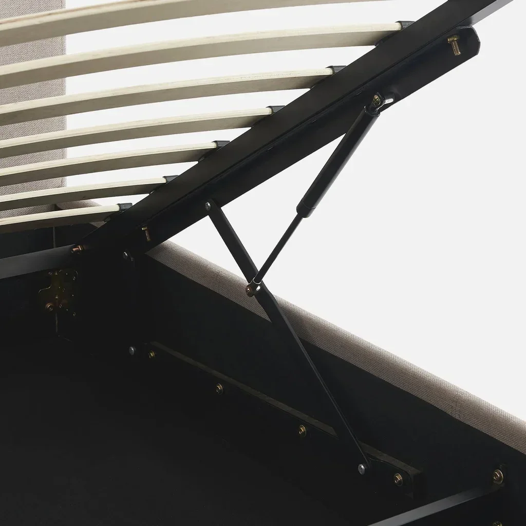 Cama baú estofada 160x200 cm com estrado de ripas e cabeceira capitoné em tecido Avalon