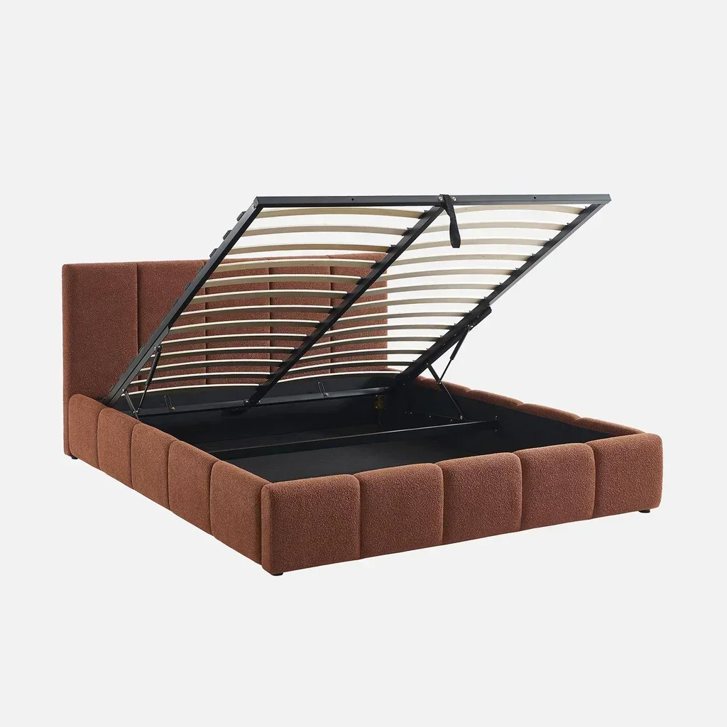 Lit coffre 160x200 cm tête de lit capitonnée bouclette rangement intégré