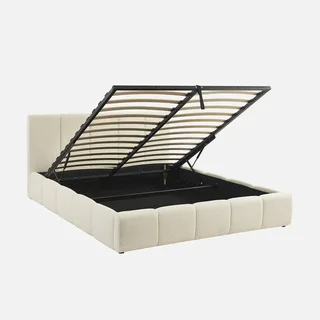 Lit coffre 160x200 cm sommier lattes tête de lit capitonnée bouclette texturée
