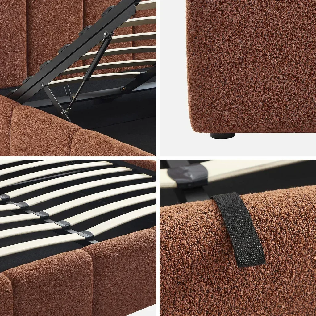 Lit coffre 160x200 cm tête de lit capitonnée bouclette rangement intégré
