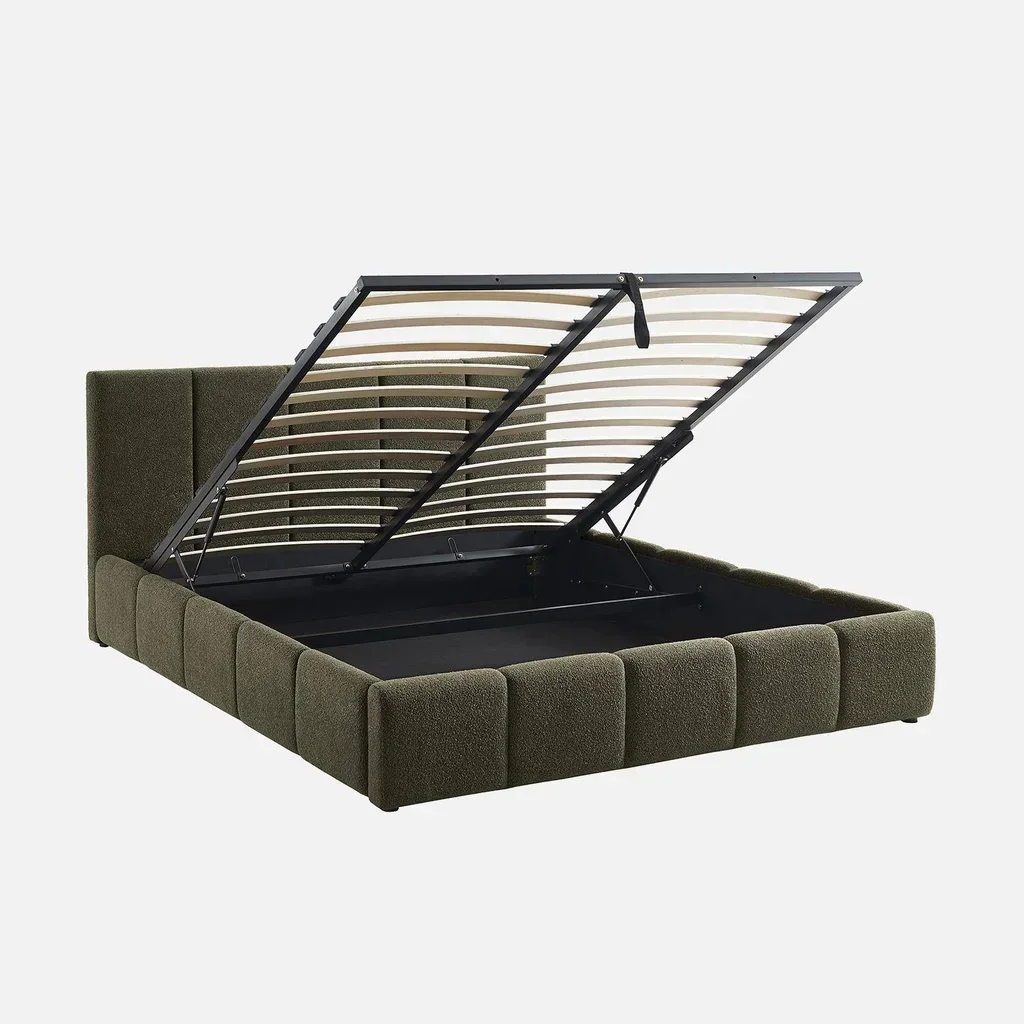 Lit coffre 160x200 capitonné bouclette avec rangement intégré